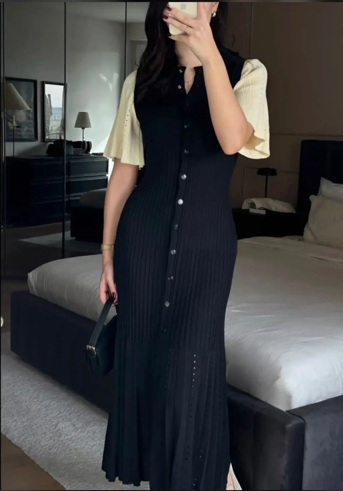 Elegant Pleated Hem Street Fashion O Neck Bell Sleeve Slim Knit Midi Dress 2026 Women Summer Beach Swimsuit Cover Up Tunic A3055