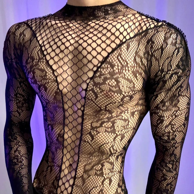 Gentlemen Mesh Clothes White Red Men's Bodysuits Male Long Sleeved Underwear Fetish Breathable Uniforms hombre ropa interior