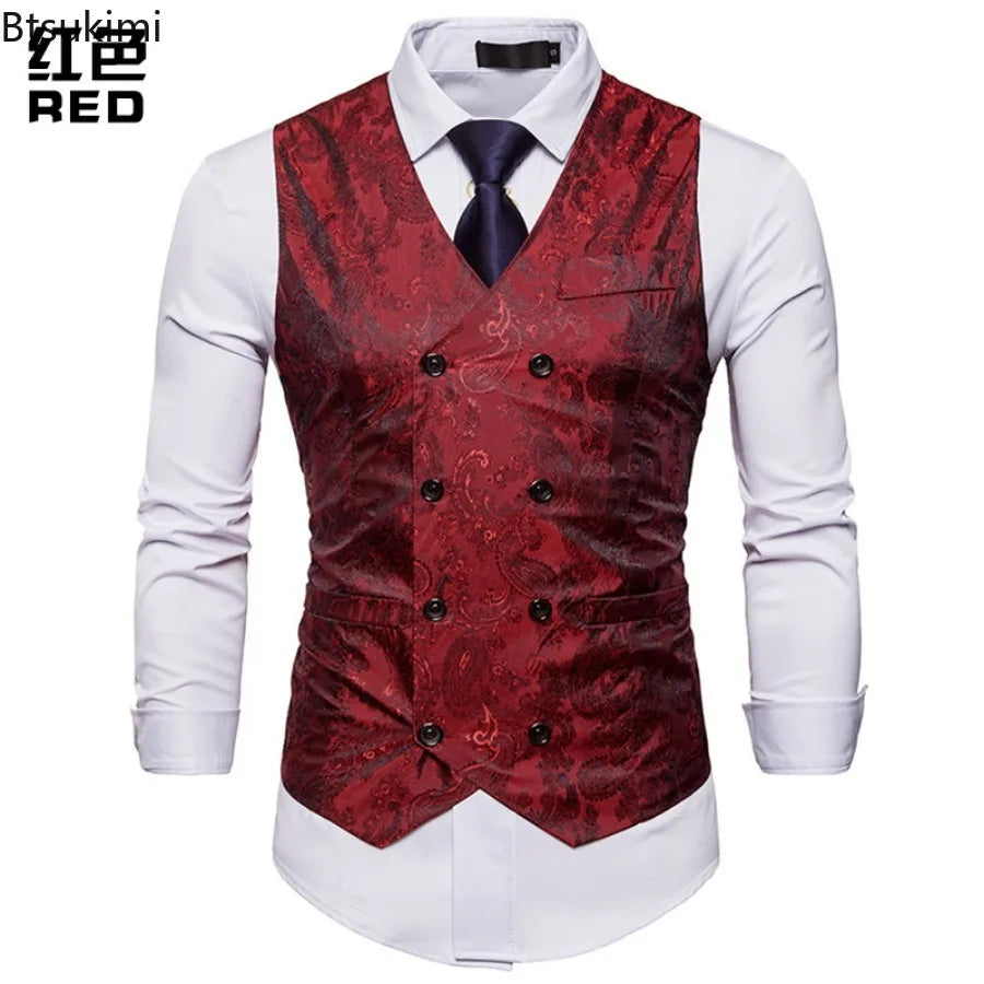 New Men's High-end Jacquard Suit Vest Fashion Double Breasted Slim Vintage Print Formal Waistcoats Men Party Wedding Vest Jacket