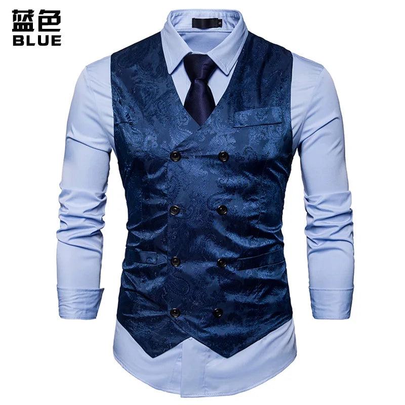 New Men's High-end Jacquard Suit Vest Fashion Double Breasted Slim Vintage Print Formal Waistcoats Men Party Wedding Vest Jacket