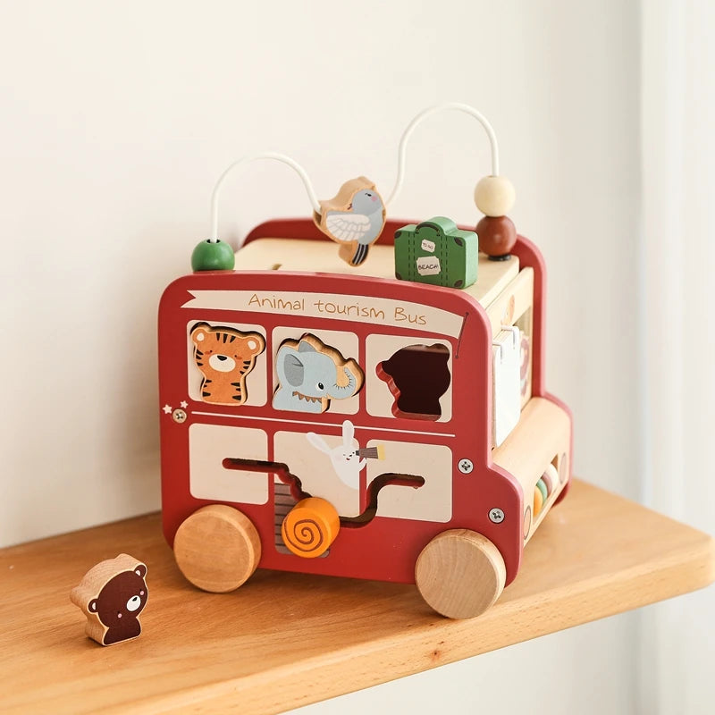 Montessori Wooden Children Toys Busy Toys Educational Games Bus 5 in 1 Busy Box Toys Montessori Baby Toys 0 12 months Gifts Kids