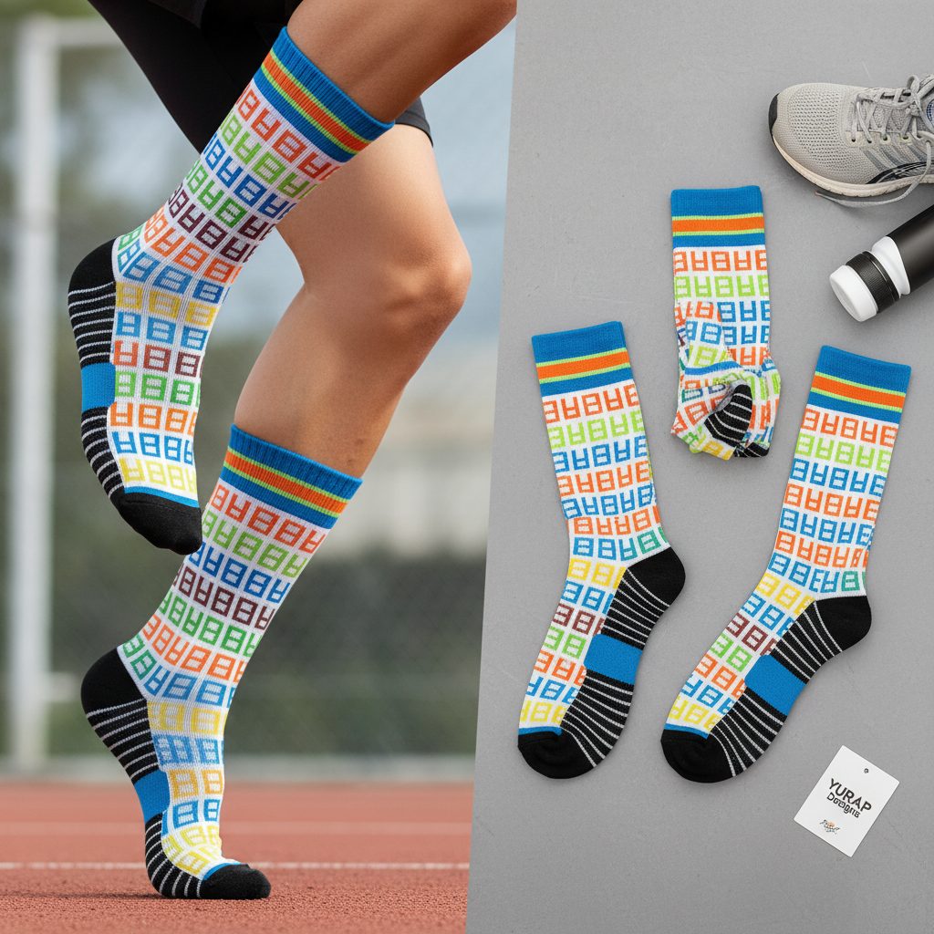 Yurap Designs crew socks with logo pattern displayed on feet and flat lay