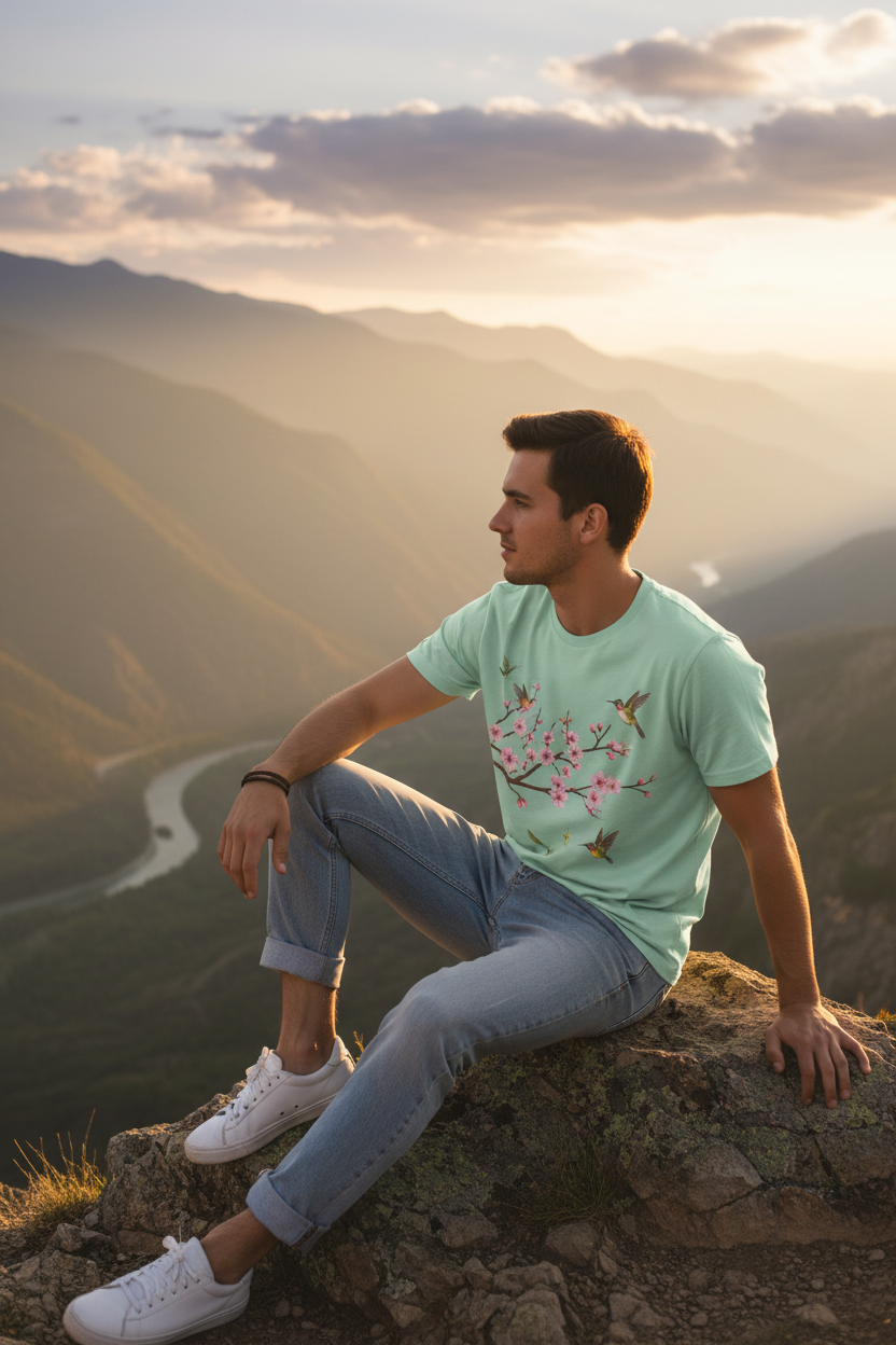 Man wearing mint green tee at mountain overlook