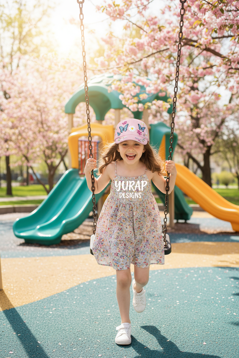 Girl wearing Butterfly Garden cap at playground