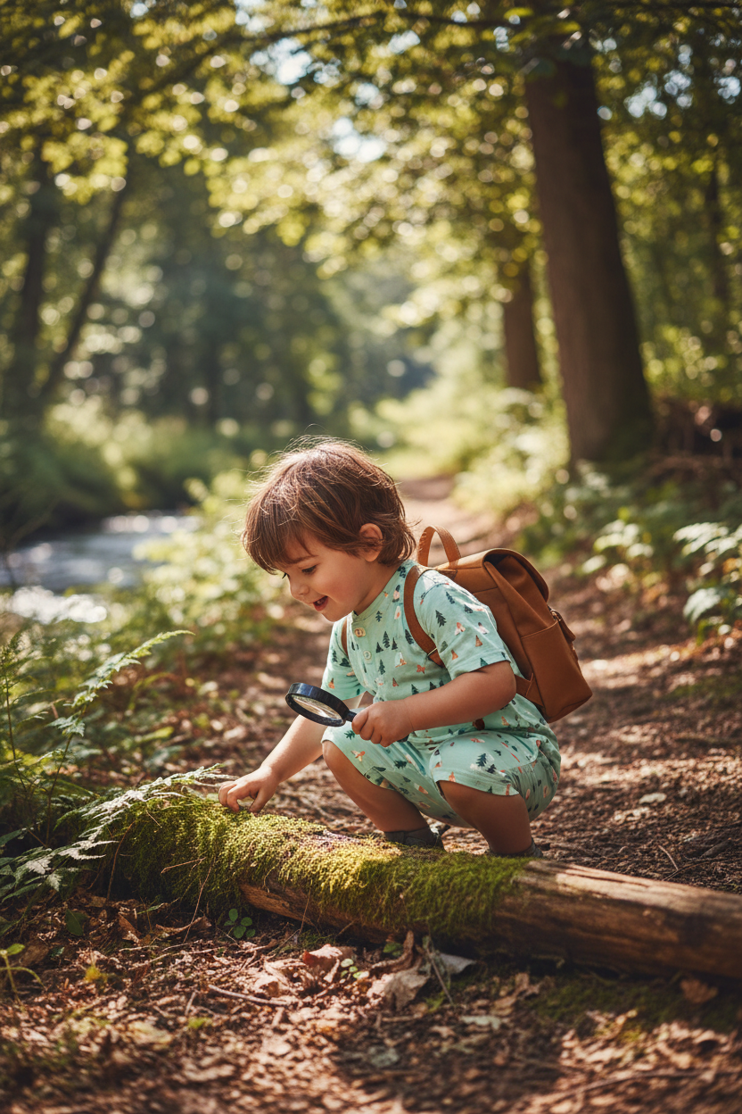 Child wearing mint green short set exploring nature