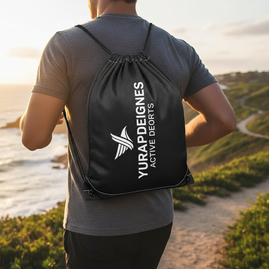 Drawstring backpack gym bag with Yurap Designs branding worn over shoulder