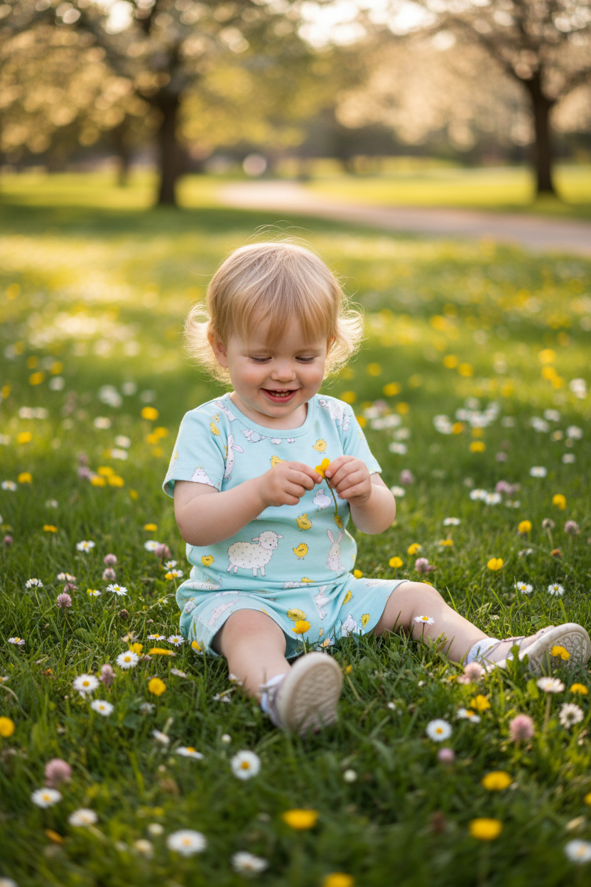 Child wearing sky blue short set picking flowers