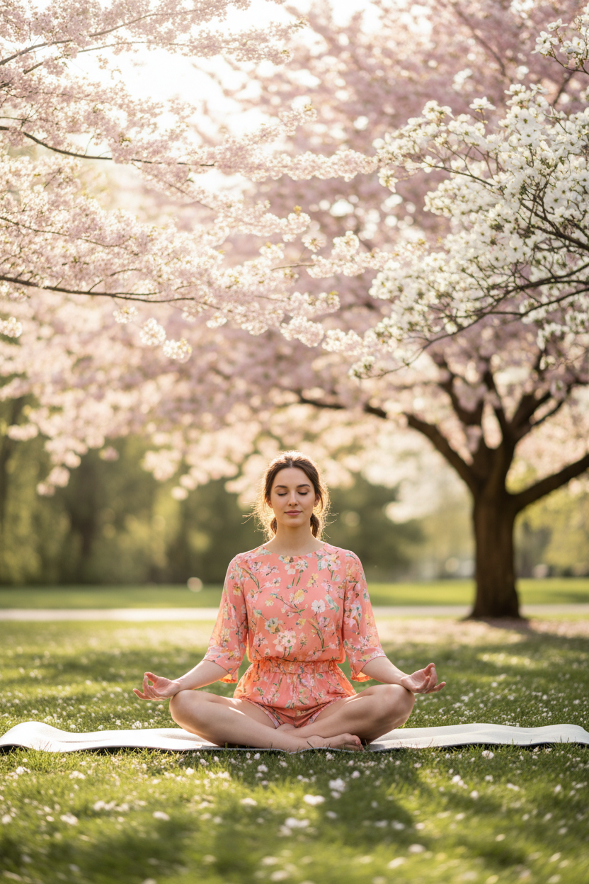 Model wearing coral short set doing yoga outdoors