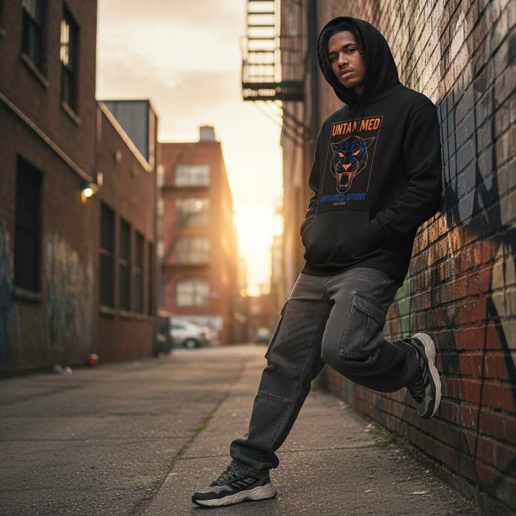 Premium black hoodie with custom design worn in urban setting