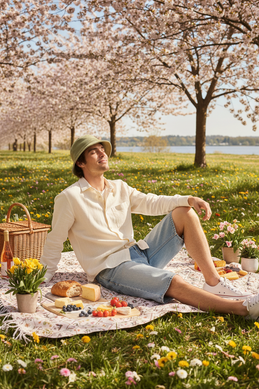Man wearing olive green bucket hat at spring picnic