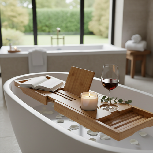 Bamboo bath tray caddy across bathtub with wine and book