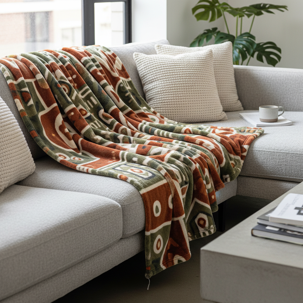 Cozy fleece blanket with Yurap Designs pattern draped on modern couch