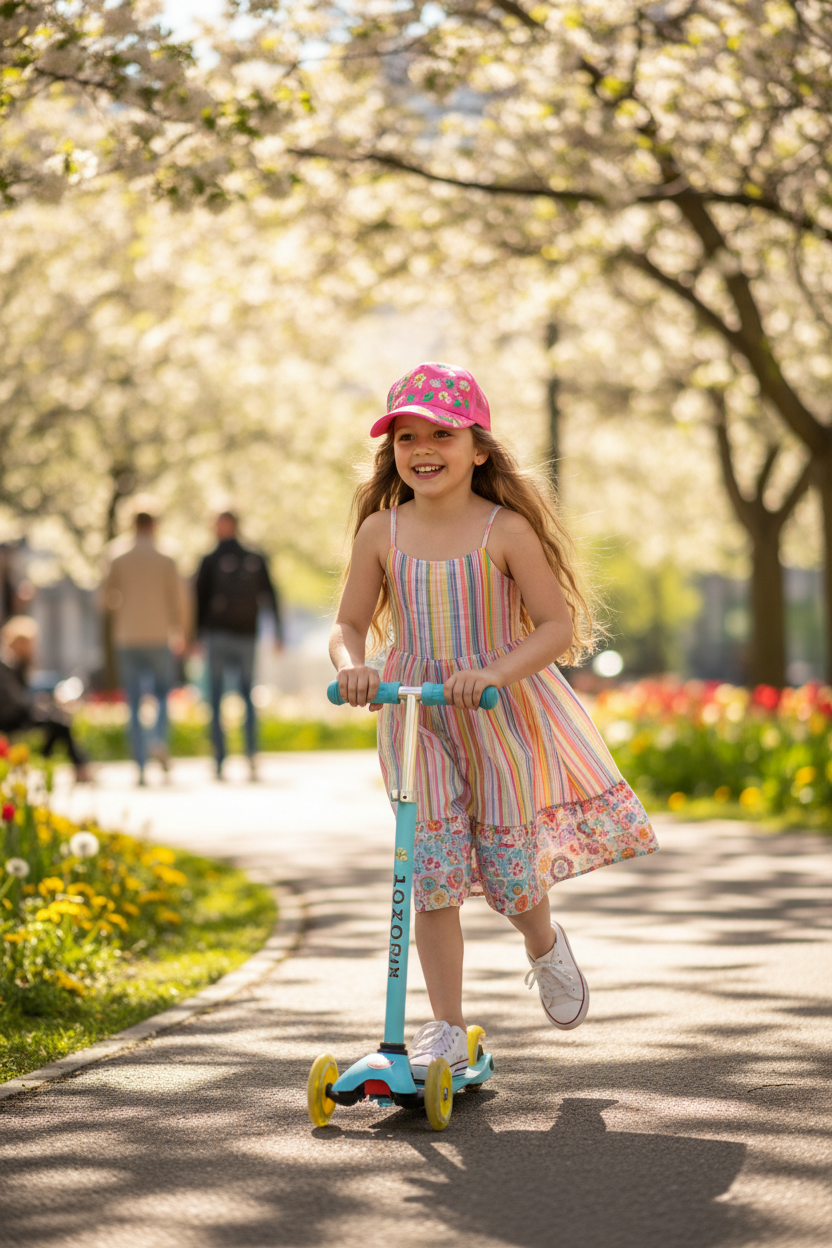 Girl wearing pink cap riding scooter in park