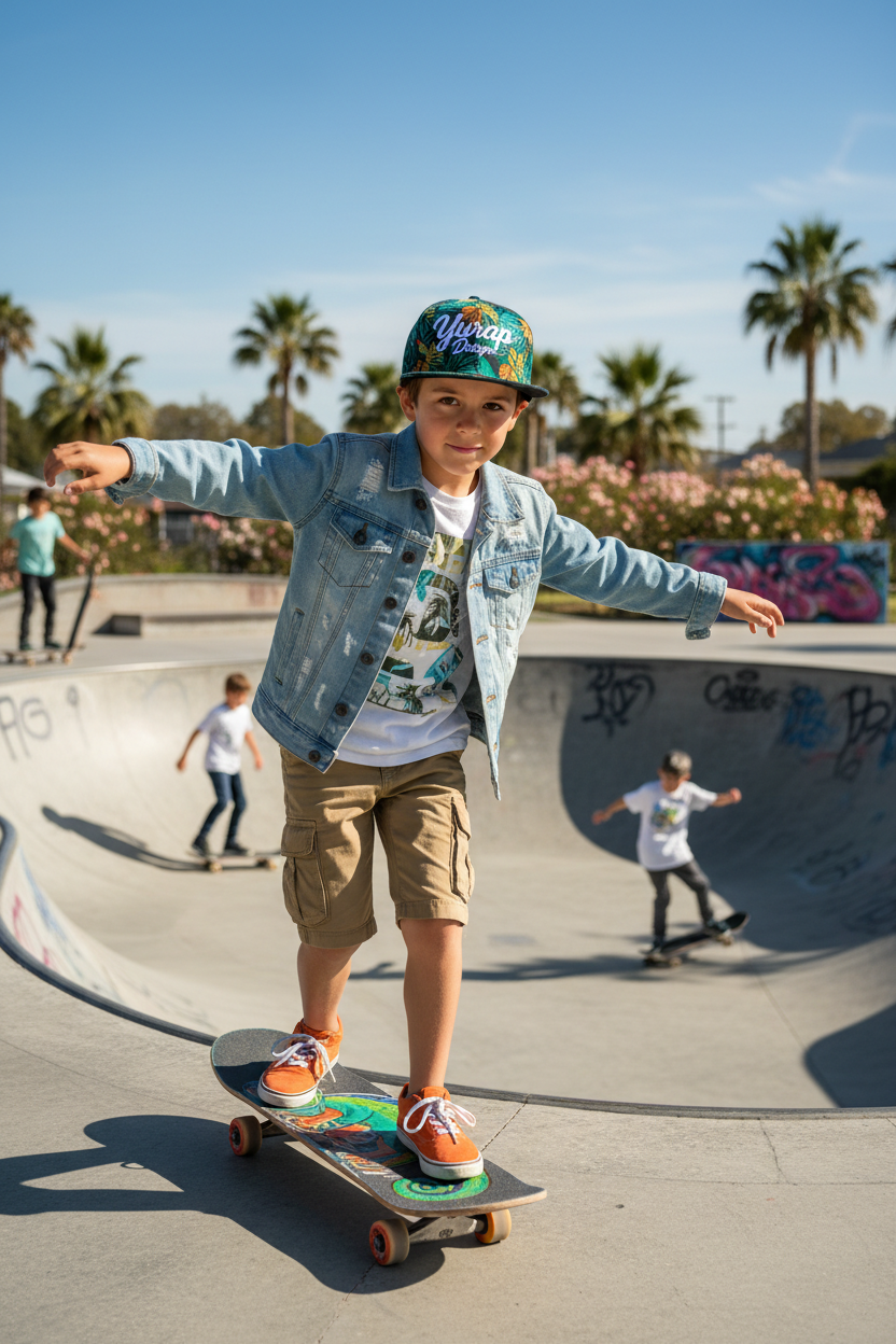 Boy wearing Tropical Explorer cap at skate park