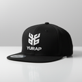 Yurap Designs black snapback hat with embroidered logo
