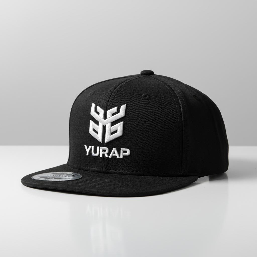 Yurap Designs black snapback hat with embroidered logo