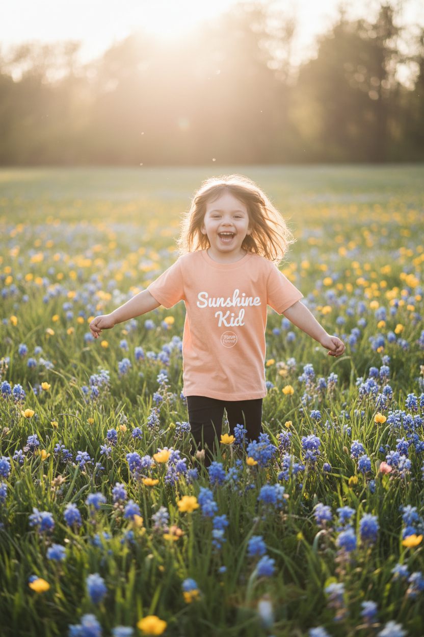 Child wearing Sunshine Kid tee running through spring meadow