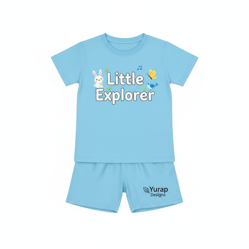 Little Explorer kids' pastel sky blue short set front view