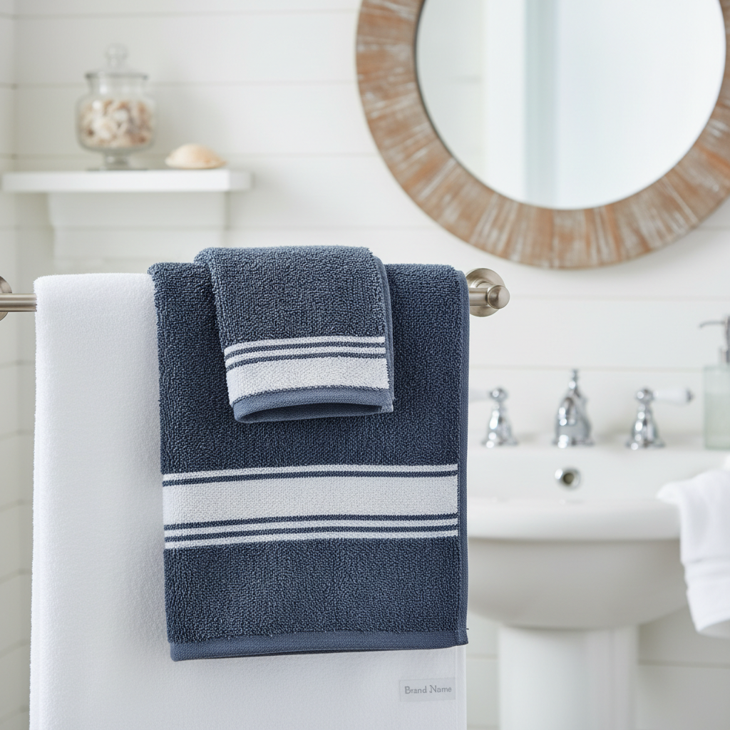 Navy and white striped hand towels on towel rack