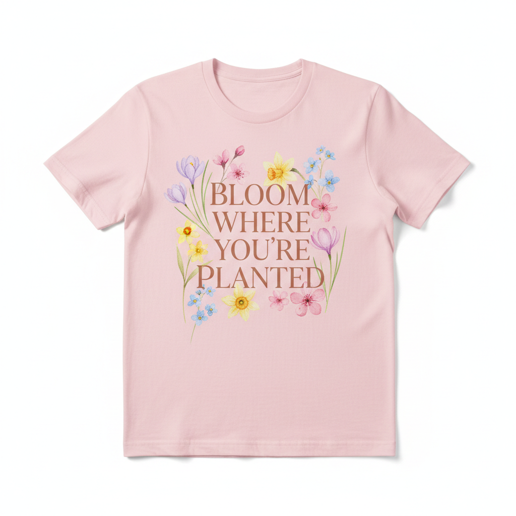 Bloom Where You're Planted pastel pink tee front view