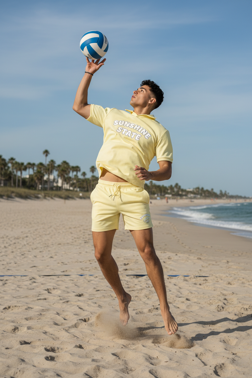 Man wearing Sunshine State short set playing beach volleyball