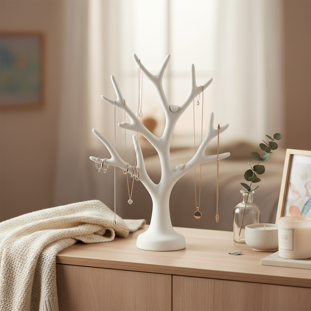 White ceramic jewelry organizer tree with branches