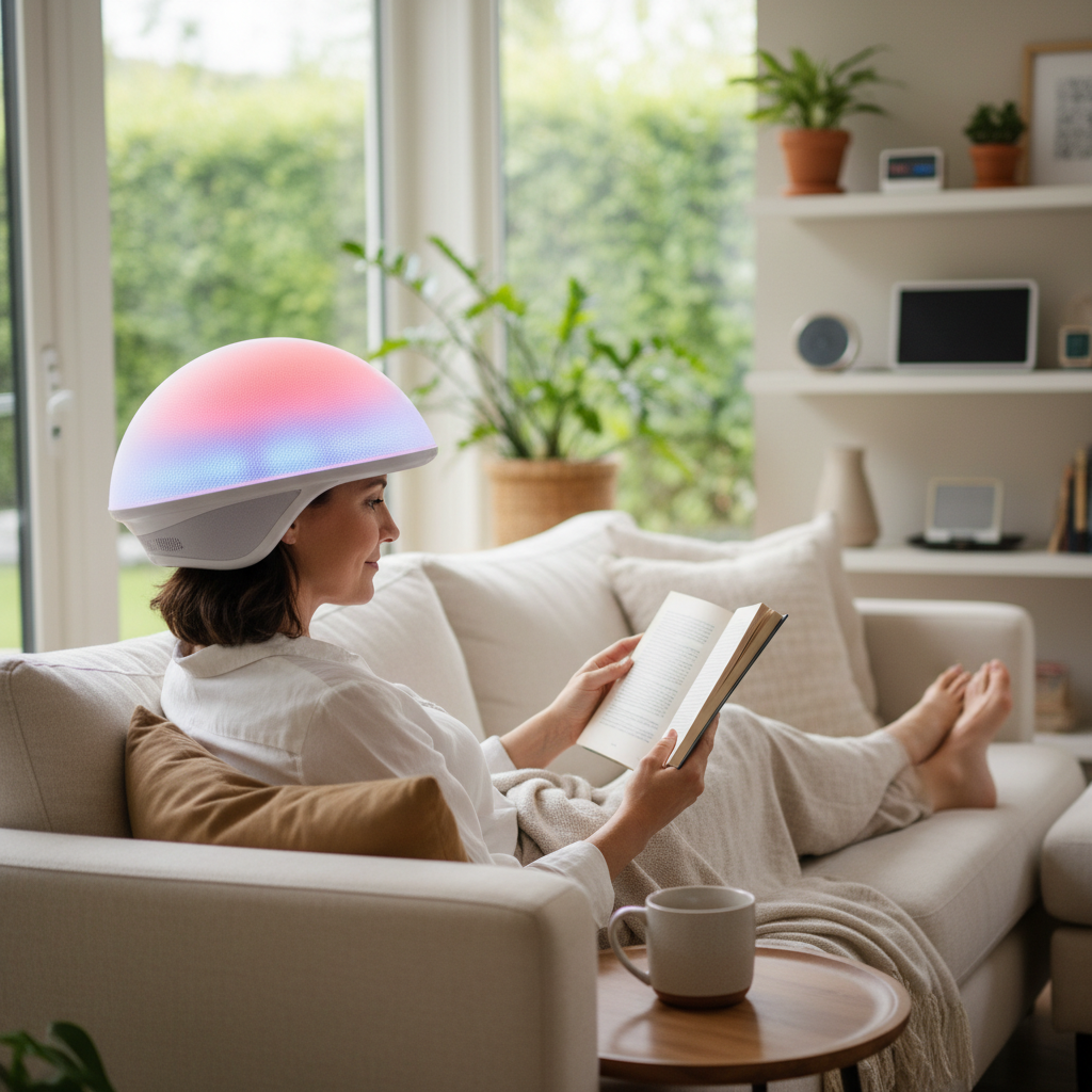 Person wearing LED laser cap