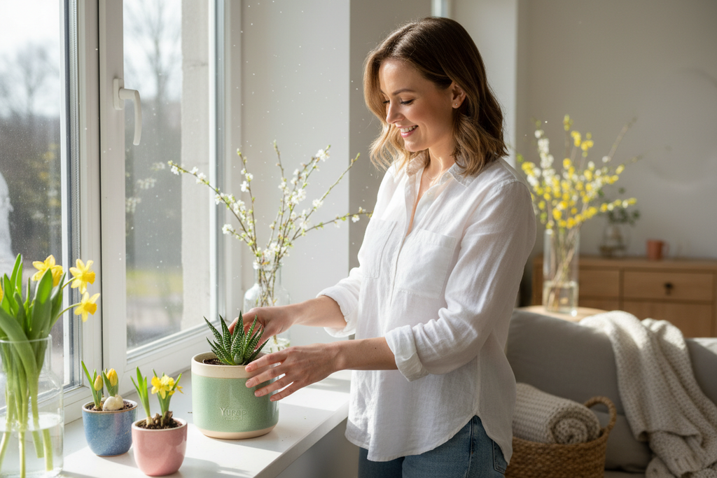 Woman planting in spring ceramic planter