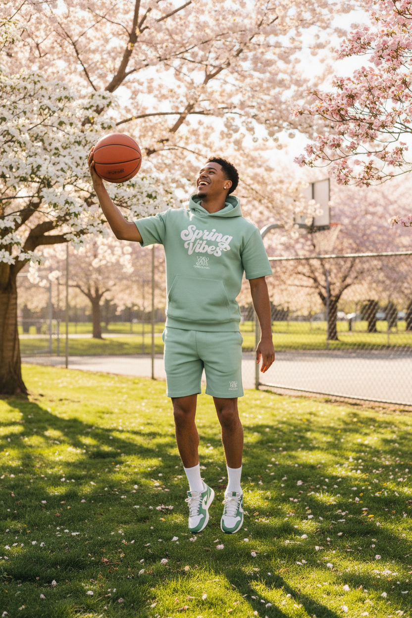 Man wearing Spring Vibes short set playing basketball