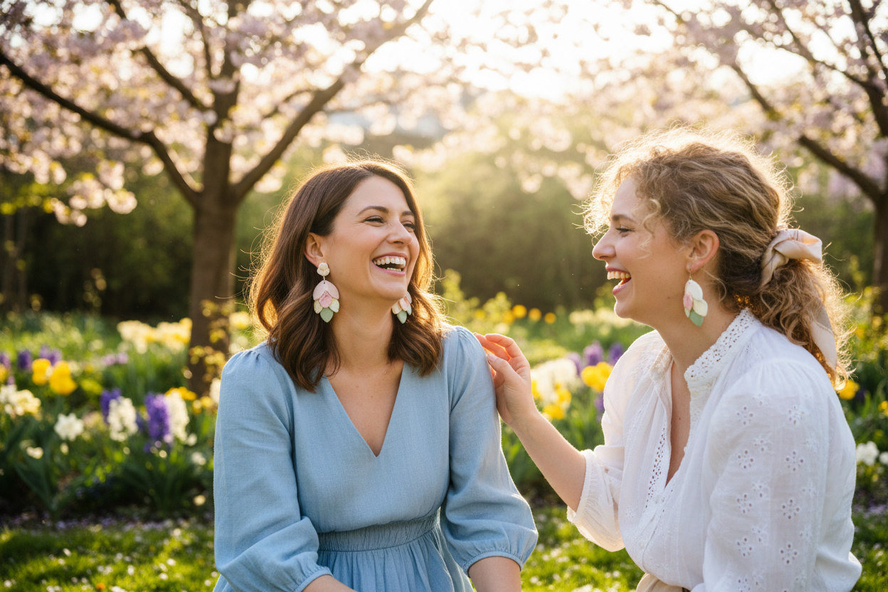 Friends wearing spring floral earrings outdoors