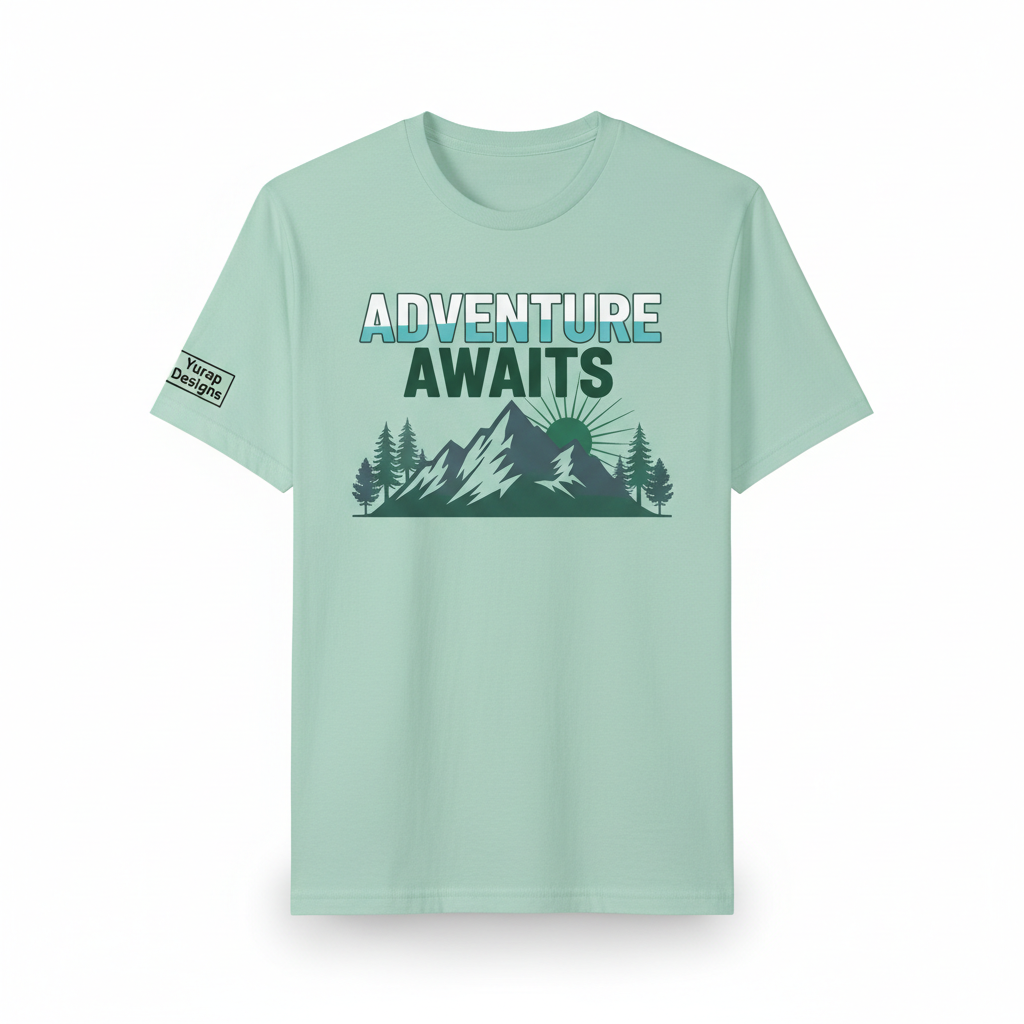 Adventure Awaits pastel mint green men's tee front view
