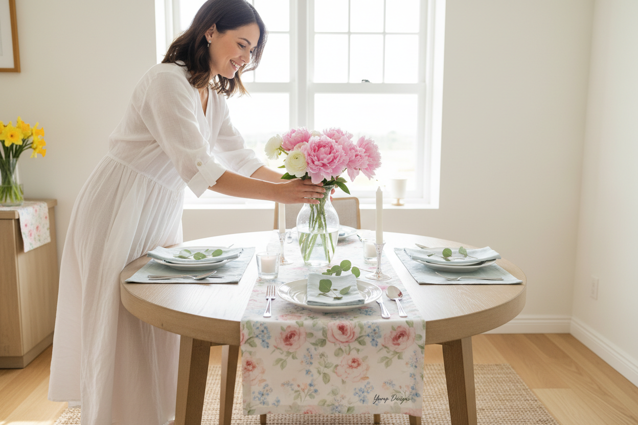 Woman setting spring table with floral runner