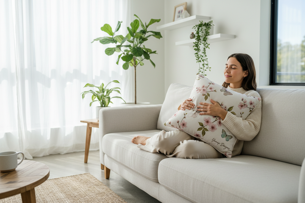 Woman relaxing with Spring Botanical Pillow