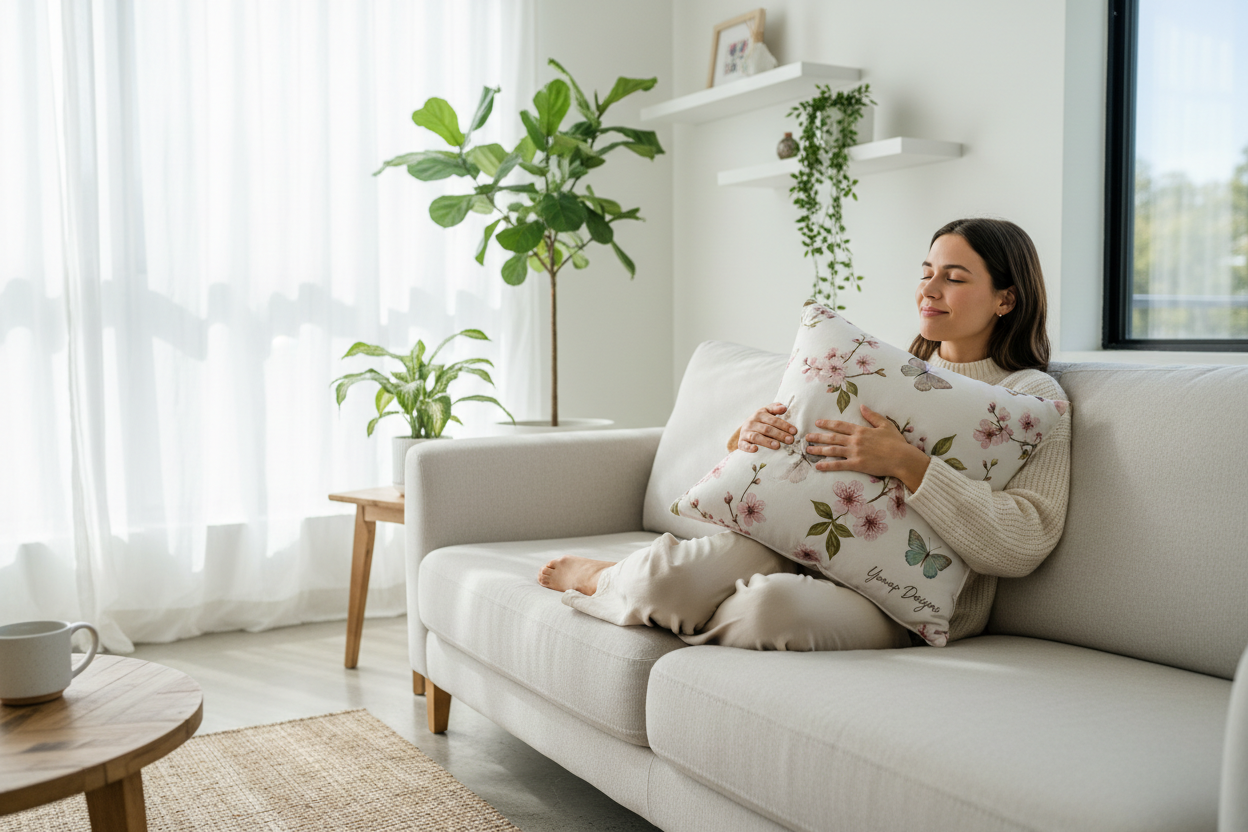 Woman relaxing with Spring Botanical Pillow