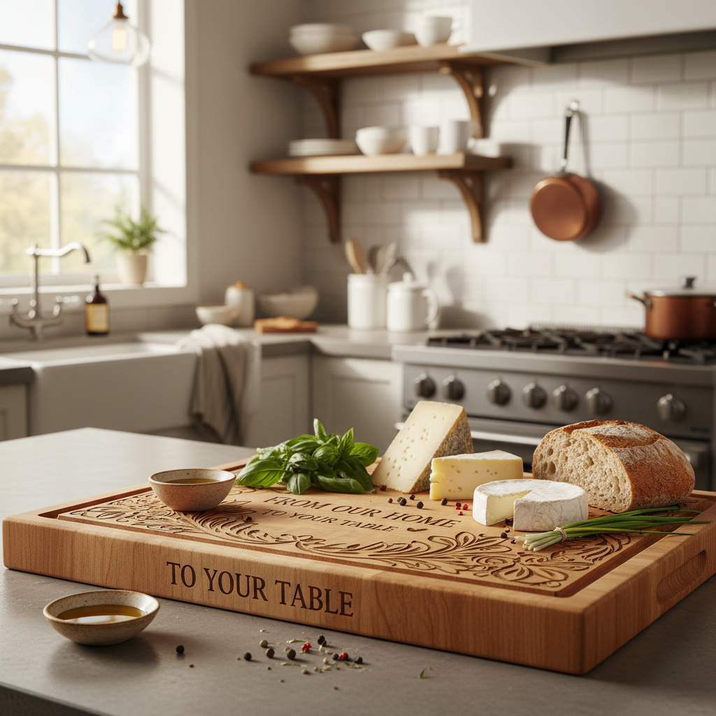 Custom engraved wooden cutting board styled kitchen scene
