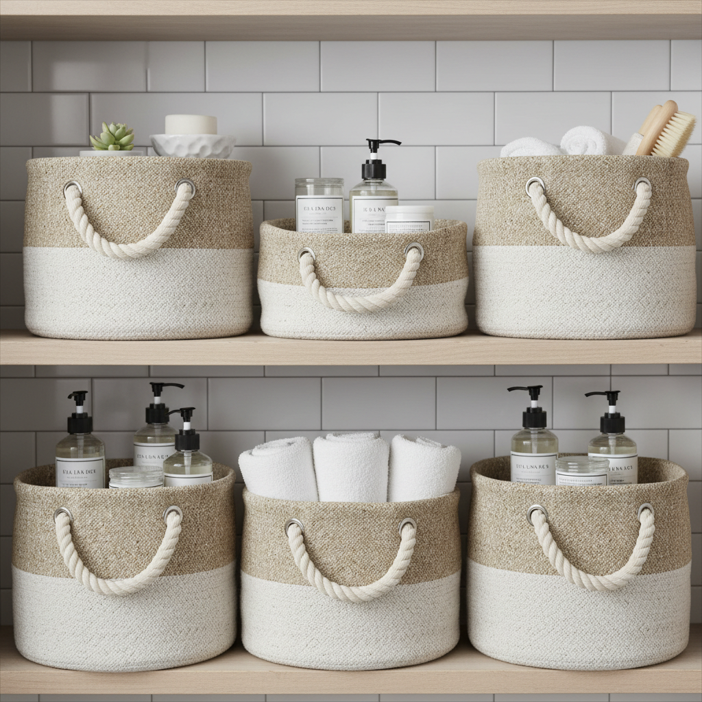 Woven fabric storage baskets on bathroom shelves