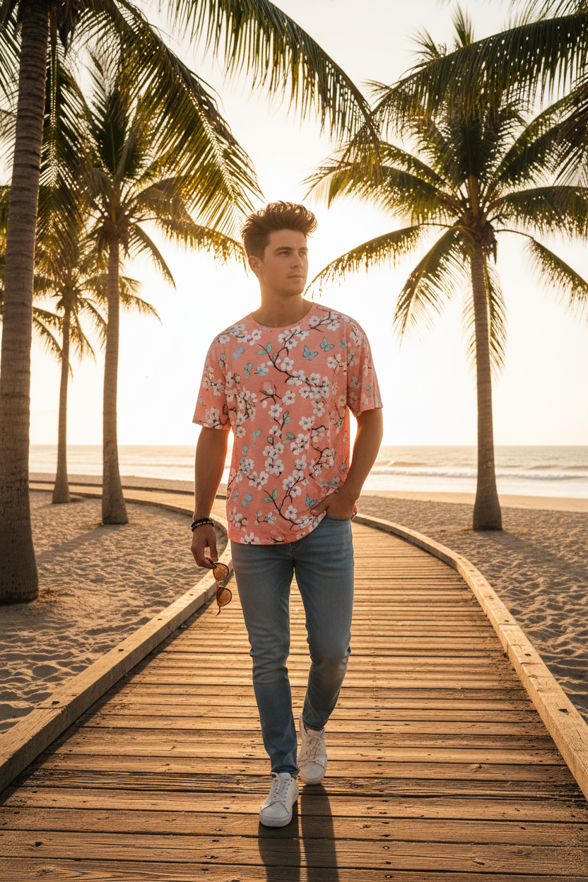 Man wearing coral tee on boardwalk with palm trees