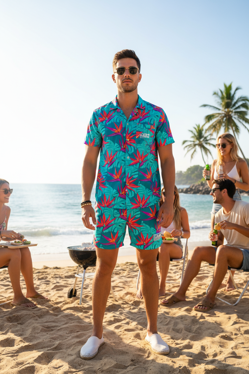 Man wearing Island Vibes short set at beach barbecue