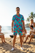Man wearing Island Vibes short set at beach barbecue