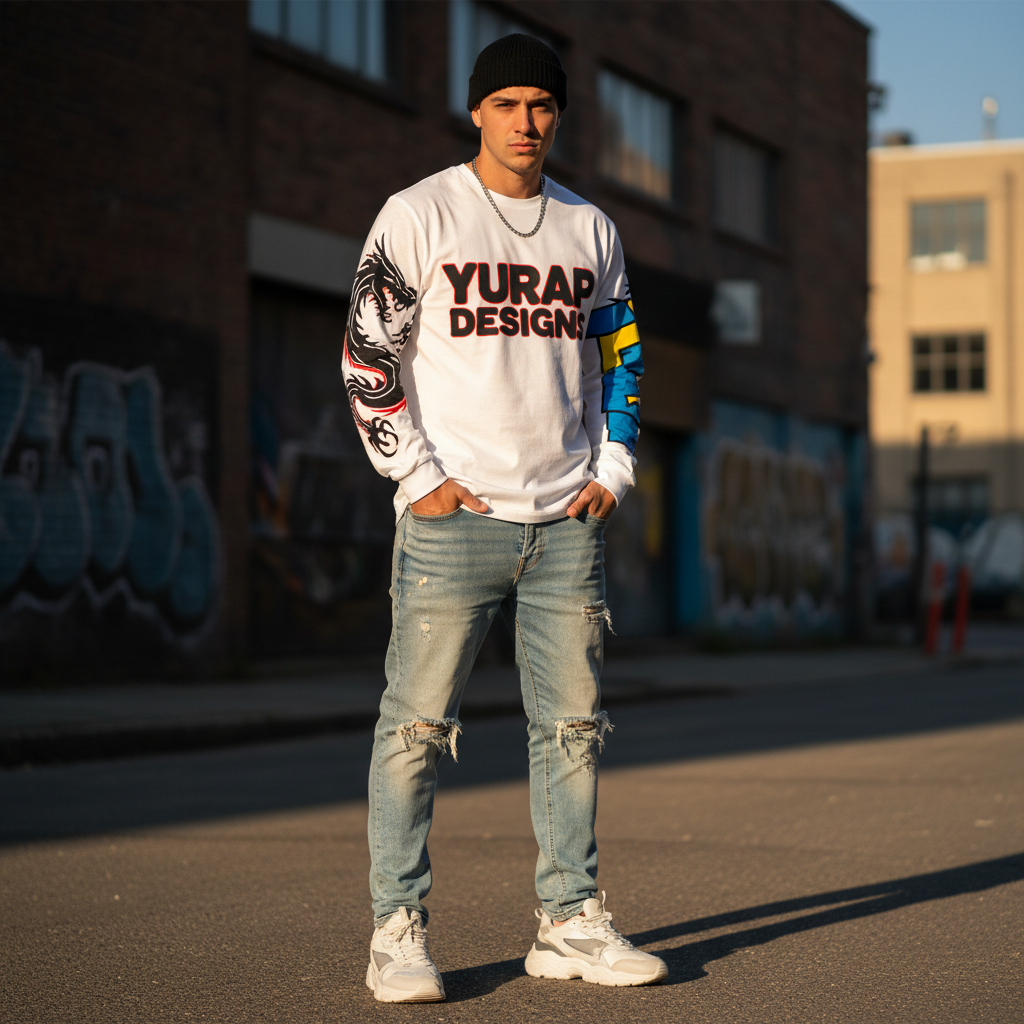 Yurap Designs white long sleeve t-shirt with bold sleeve graphics