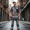 Oversized graphic t-shirt with bold Yurap Designs artwork in urban setting