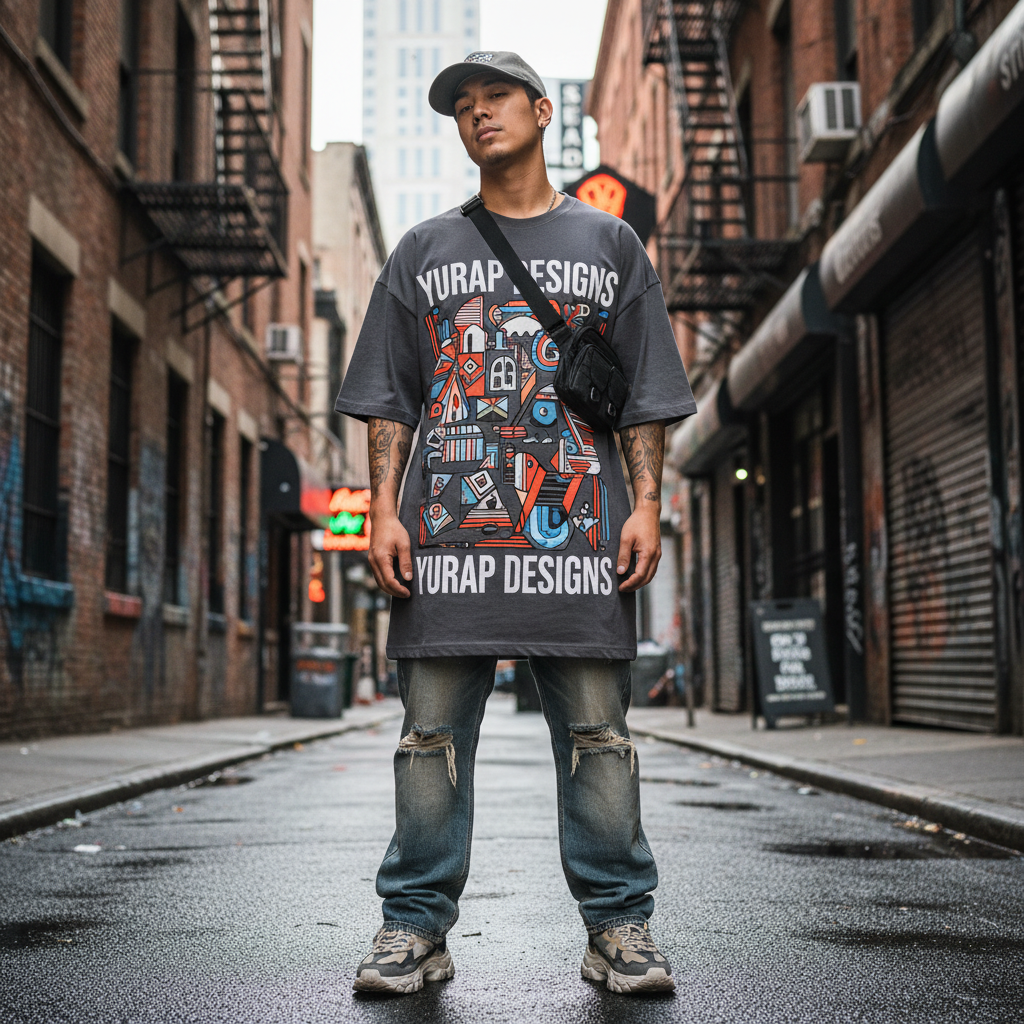Oversized graphic t-shirt with bold Yurap Designs artwork in urban setting