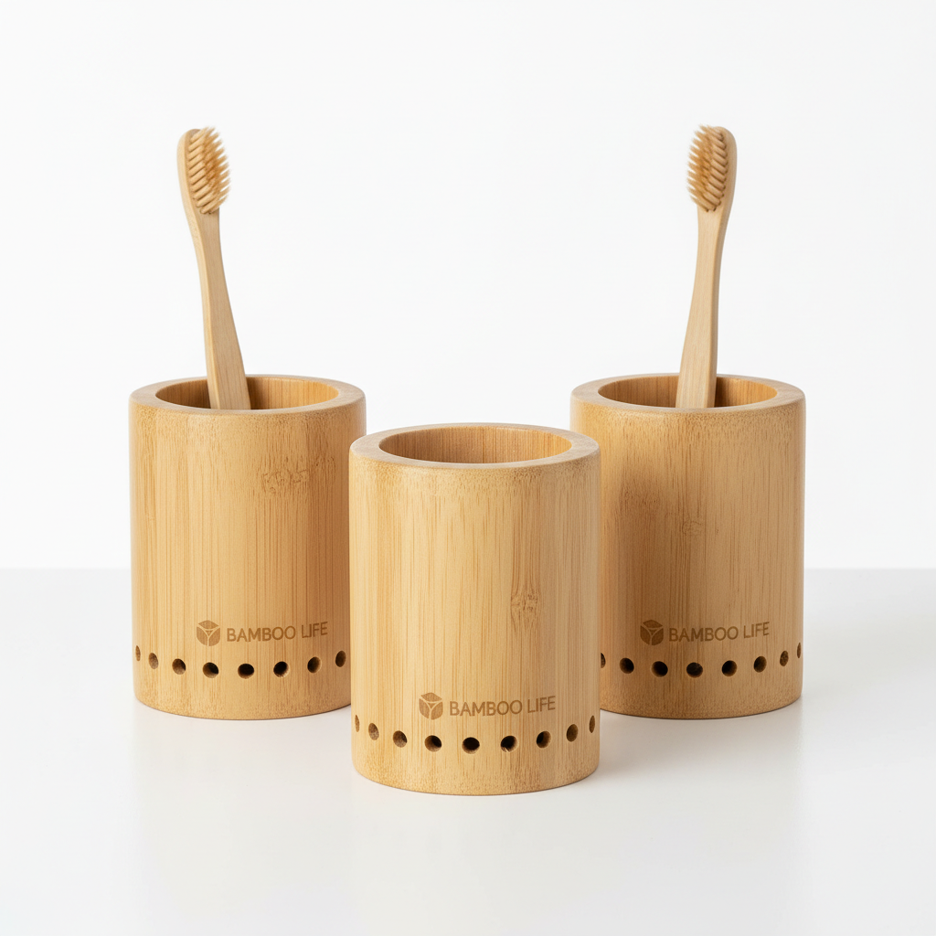 Bamboo toothbrush holders on bathroom counter