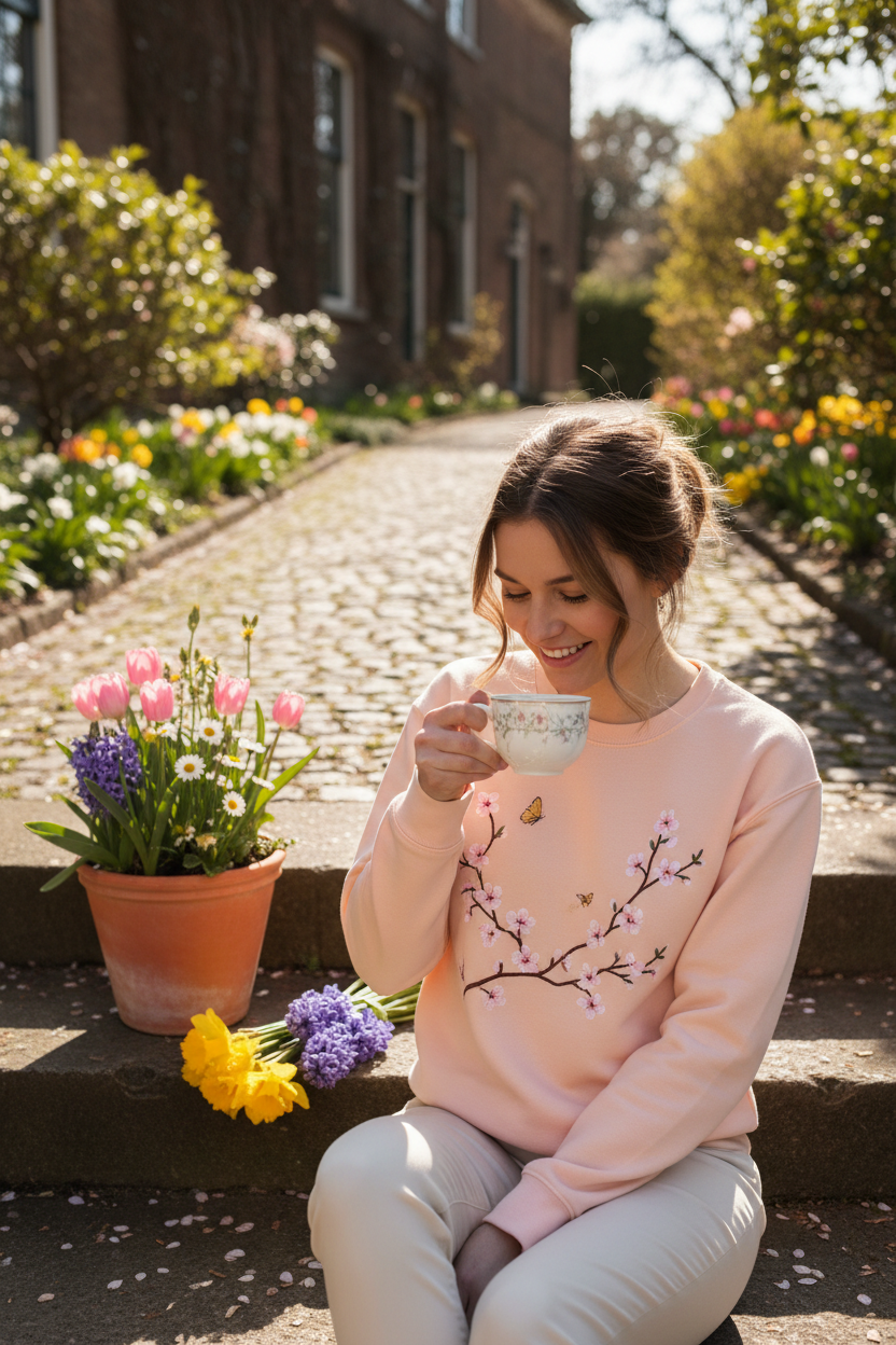 Model wearing peach crewneck with coffee outdoors