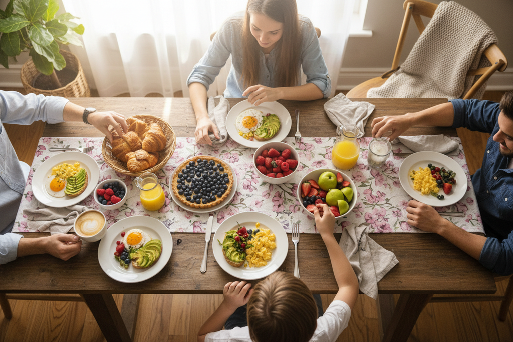 Family brunch with spring table runner