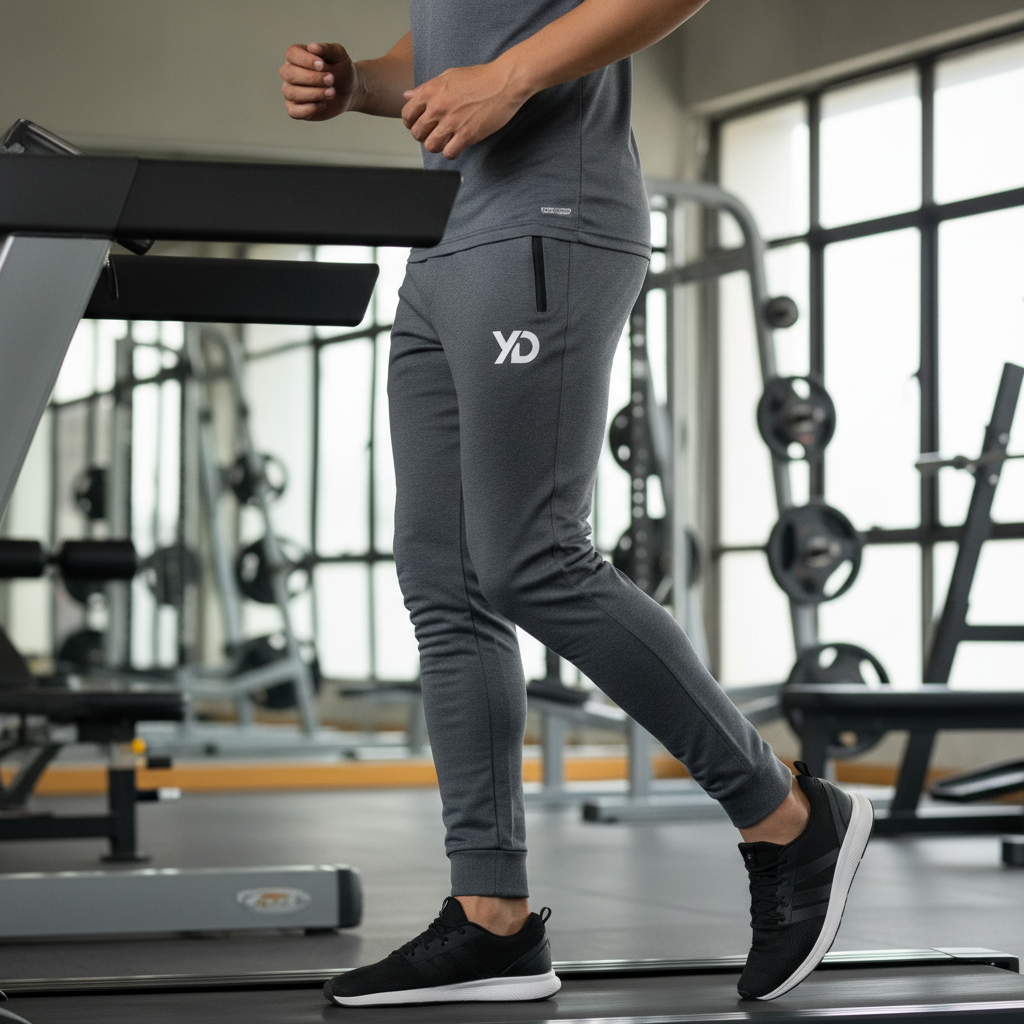 Yurap Designs training pants tapered joggers with logo in gym setting