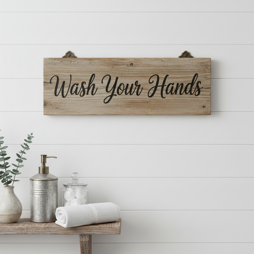 Rustic wooden bathroom sign on white wall