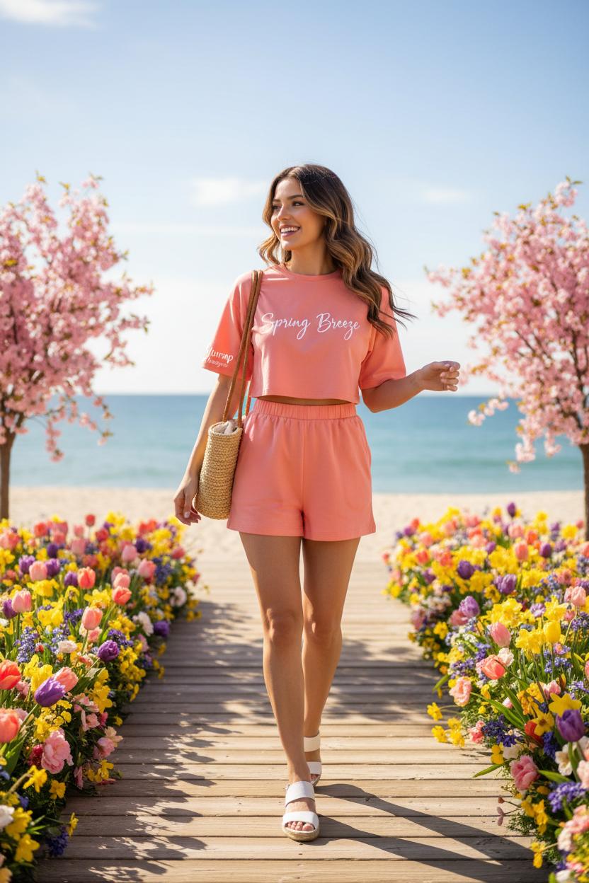 Model wearing Spring Breeze short set on beach boardwalk