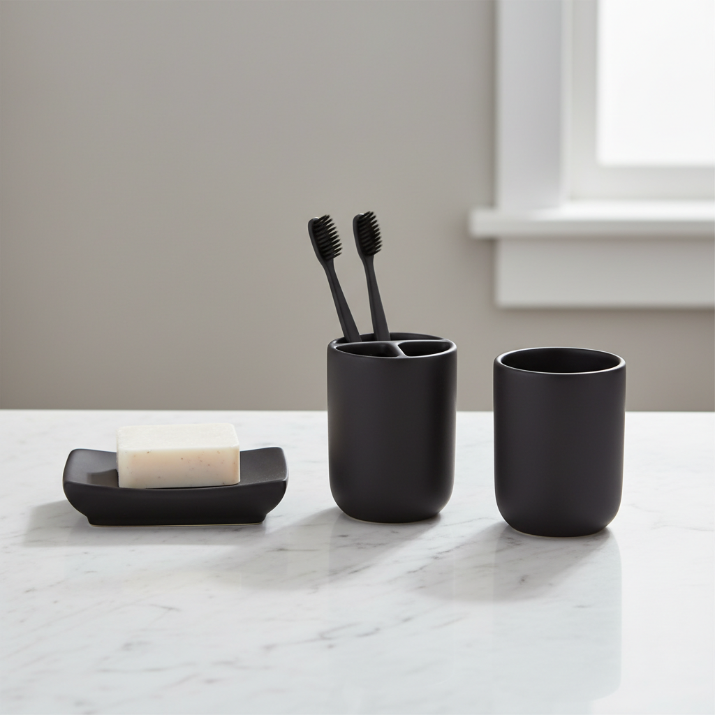 Matte black ceramic bathroom accessories set on marble counter