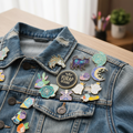 Enamel pin collection with Yurap Designs logos displayed on denim jacket